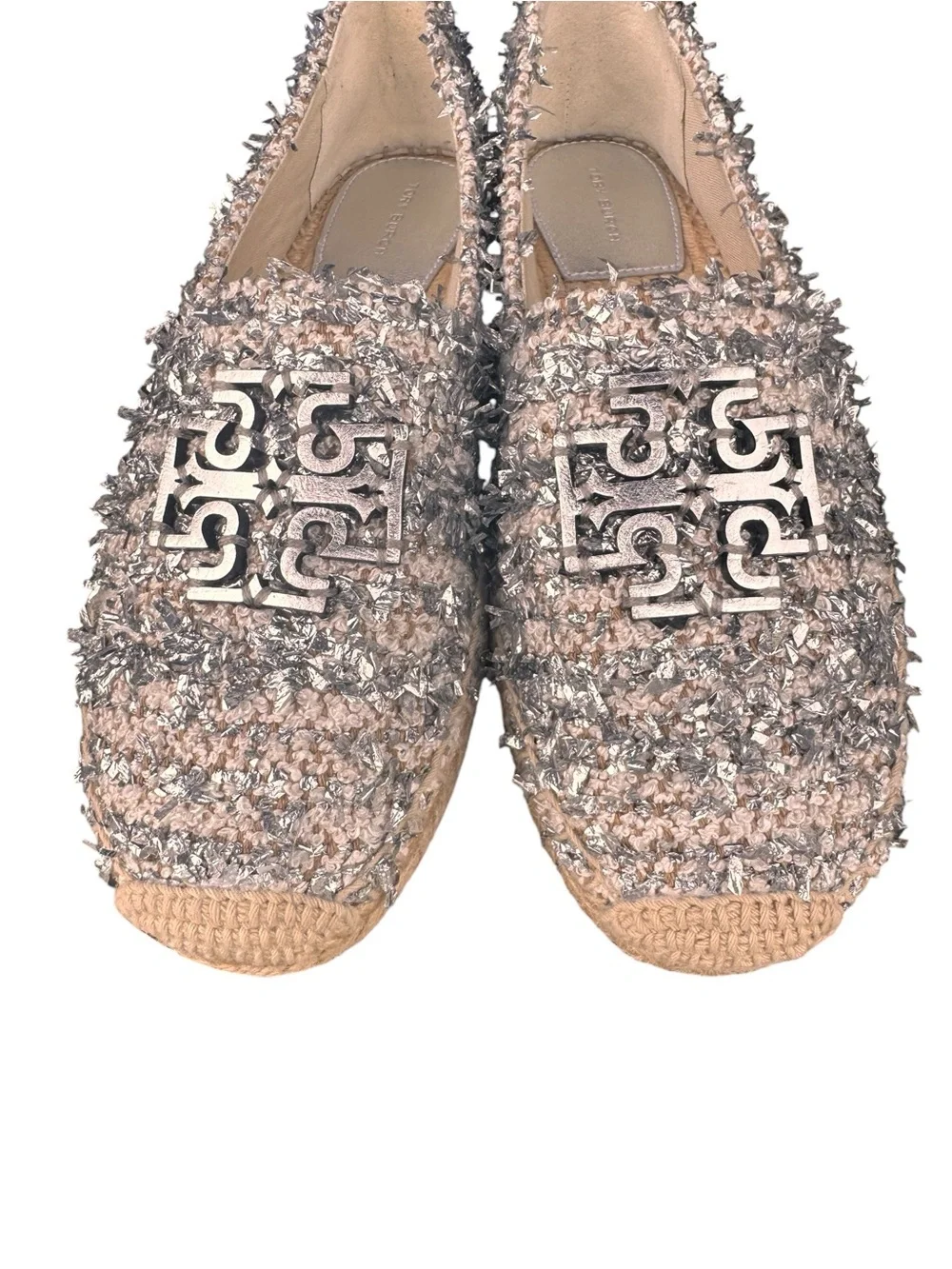 Tory Burch Cream and Silver Tweed Espadrilles with Logo, NWOT